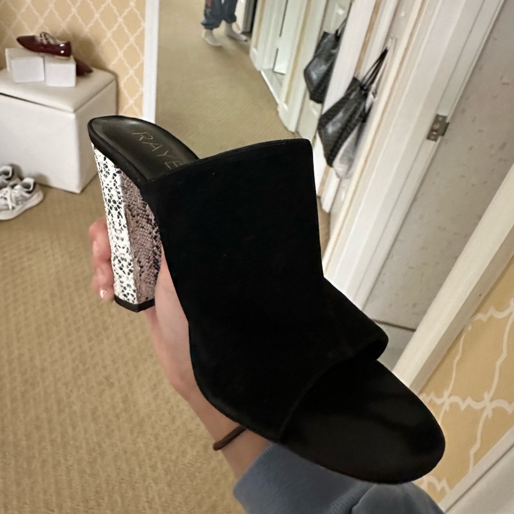 RAYE black suede snakeskin heel mule